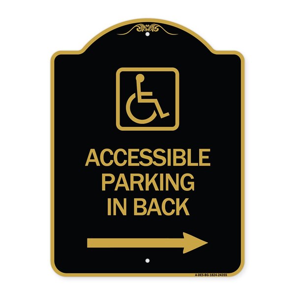 Accessible Parking on Right Arrow W/ Graphic, Black & Gold Aluminum Sign, 18" x 24", BG-1824-24355